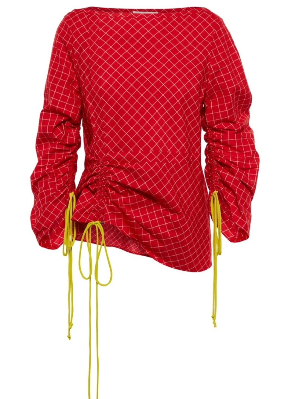 Tory Burch Red Grid Print Ruched-Side Blouse with Yellow Ties